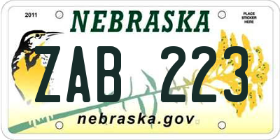 NE license plate ZAB223