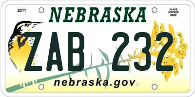 NE license plate ZAB232