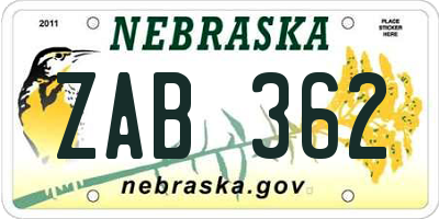 NE license plate ZAB362