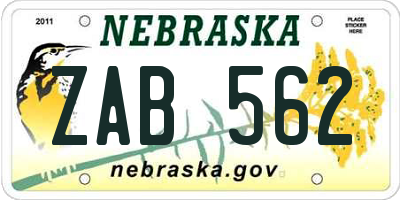 NE license plate ZAB562