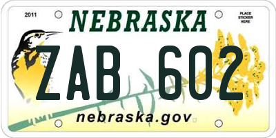 NE license plate ZAB602
