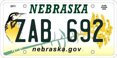 NE license plate ZAB692