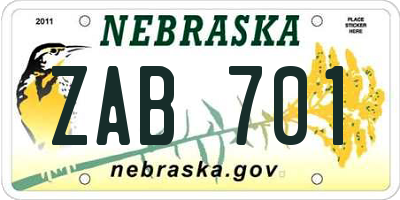 NE license plate ZAB701