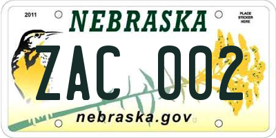 NE license plate ZAC002