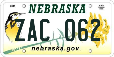 NE license plate ZAC062
