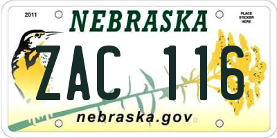 NE license plate ZAC116