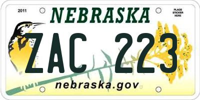 NE license plate ZAC223