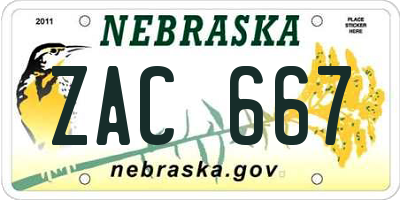 NE license plate ZAC667