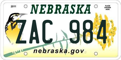 NE license plate ZAC984