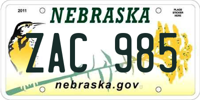 NE license plate ZAC985
