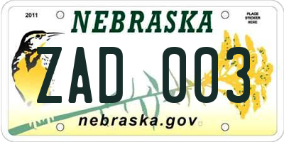 NE license plate ZAD003