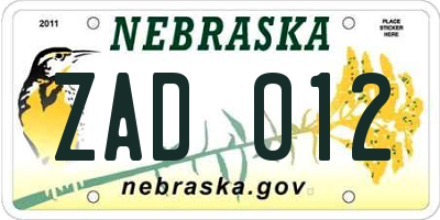 NE license plate ZAD012