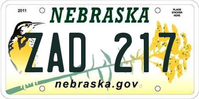 NE license plate ZAD217