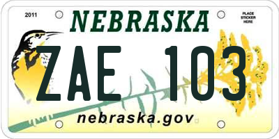 NE license plate ZAE103