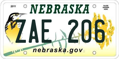 NE license plate ZAE206