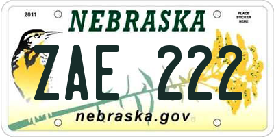 NE license plate ZAE222