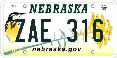 NE license plate ZAE316
