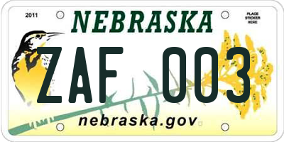 NE license plate ZAF003