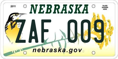 NE license plate ZAF009