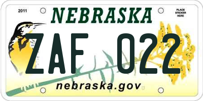 NE license plate ZAF022