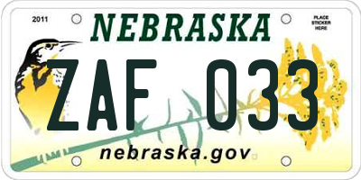 NE license plate ZAF033