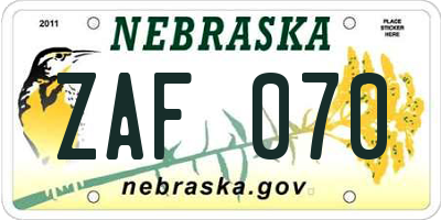NE license plate ZAF070