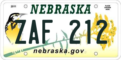NE license plate ZAF212