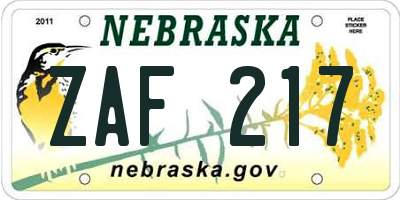 NE license plate ZAF217