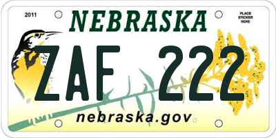 NE license plate ZAF222