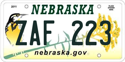 NE license plate ZAF223
