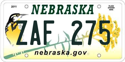 NE license plate ZAF275
