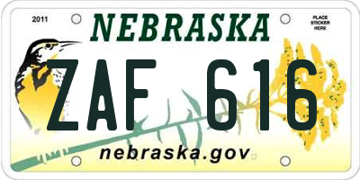 NE license plate ZAF616