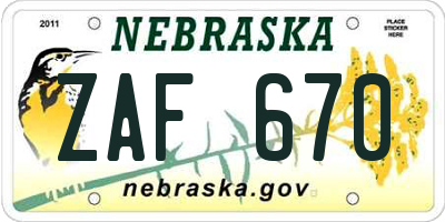 NE license plate ZAF670