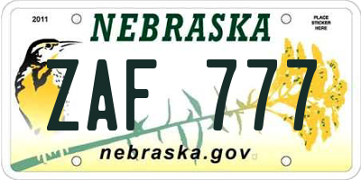 NE license plate ZAF777