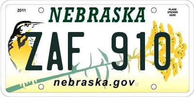 NE license plate ZAF910