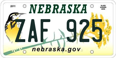 NE license plate ZAF925