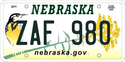 NE license plate ZAF980