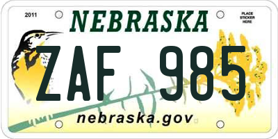 NE license plate ZAF985