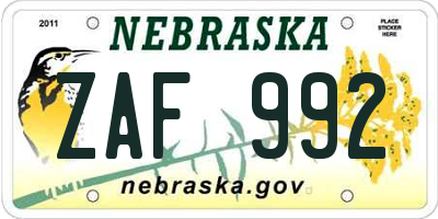NE license plate ZAF992