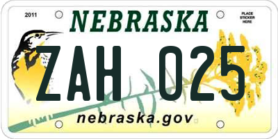 NE license plate ZAH025