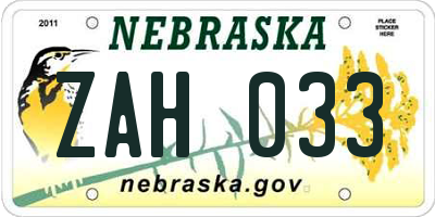 NE license plate ZAH033