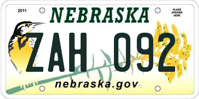 NE license plate ZAH092