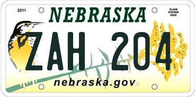 NE license plate ZAH204