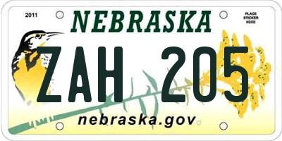 NE license plate ZAH205