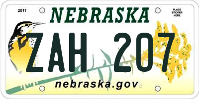 NE license plate ZAH207