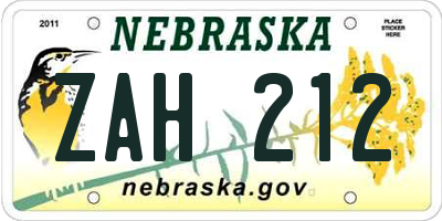 NE license plate ZAH212