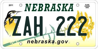 NE license plate ZAH222