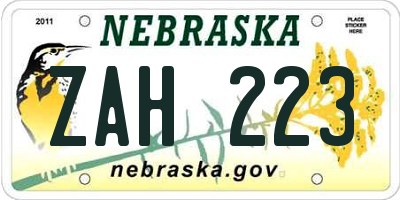 NE license plate ZAH223