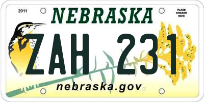NE license plate ZAH231