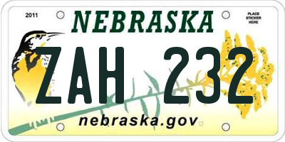 NE license plate ZAH232